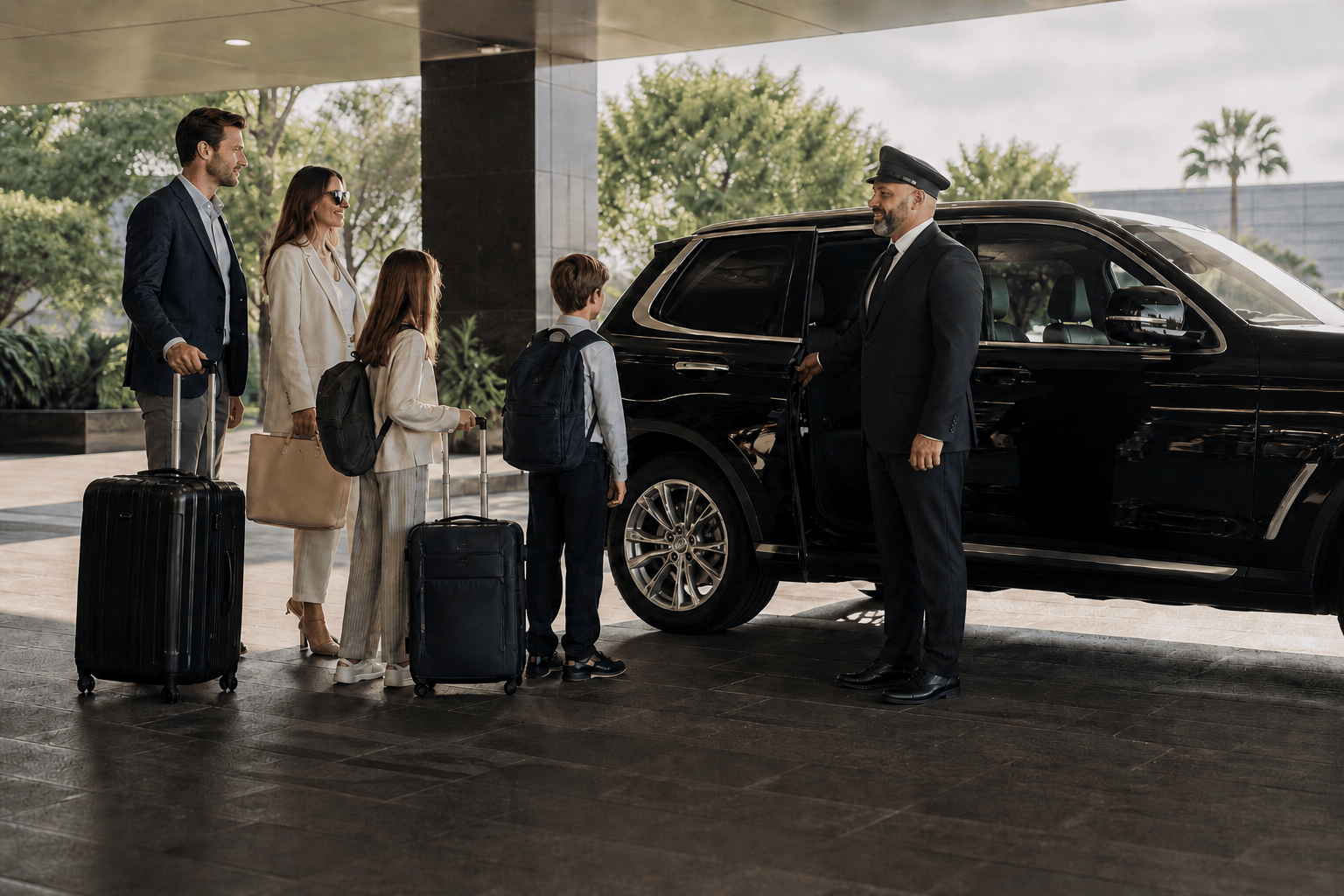 Family preparing to board luxury SUV transportation service